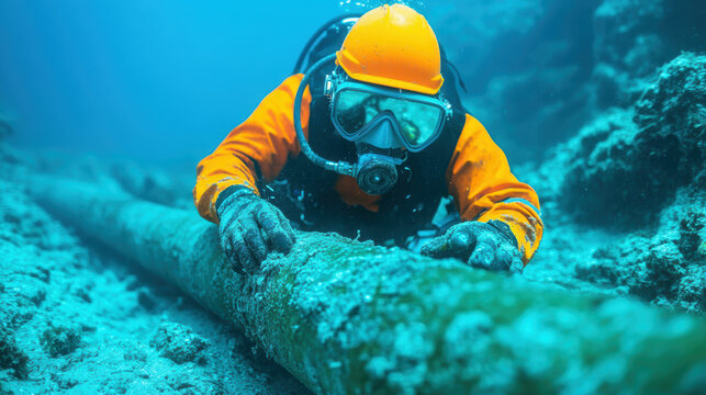 Diver inspecting underwater pipe in deep sea environment wearing protective gear