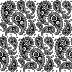 Paisley square seamless pattern.Boho traditional vintage style element black on white background.Motifs flower ornament hand drawn vector.bandana,scarf,head scarf,kerchief,hijab,print fabric,decorate.