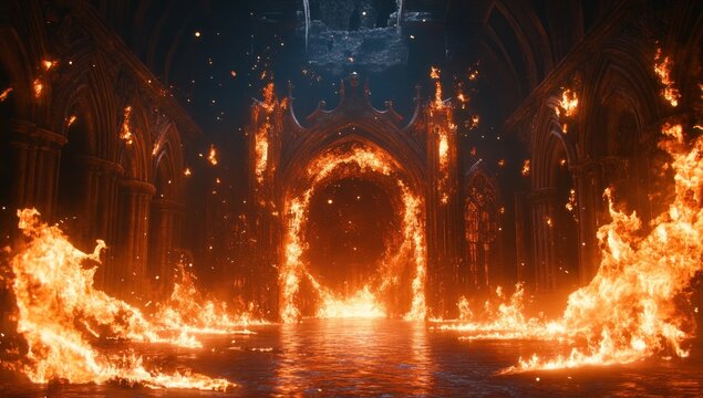 A fiery interior scene with flames emanating from a portal