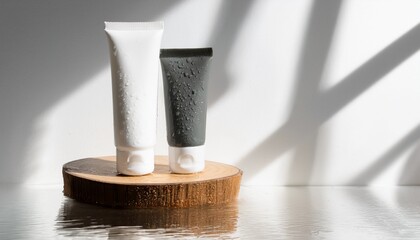 Naklejka premium two cosmetic tubes placed on a wood stand with light reflection 