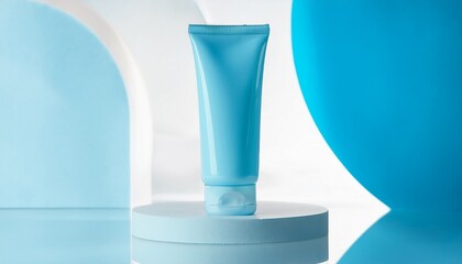 a blue cosmetic tube standing on a circular stand. The minimalist design and clean aesthetic evoke a sense of freshness