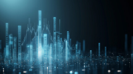 Fototapeta premium Data Metropolis: A futuristic cityscape, its towering structures illuminated with digital blue light, symbolizing the vastness and intricacy of data in our modern world.