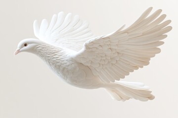 Obraz premium A graceful white dove, wings spread wide, soars against a pristine white backdrop, illuminated by gentle natural light that highlights its delicate feathers and serene expression