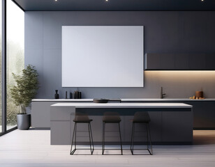 Minimalist modern kitchen interior with blank wall for poster or artwork display. 3D Rendering
