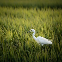 Fototapeta premium White Egret in Vibrant Green Rice Paddy Field