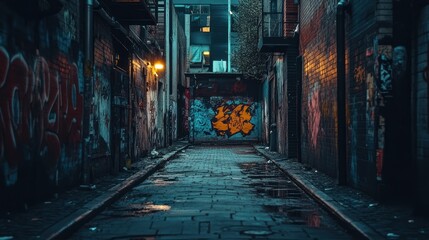 Fototapeta premium Urban alleyway at night, graffiti, dark, wet pavement