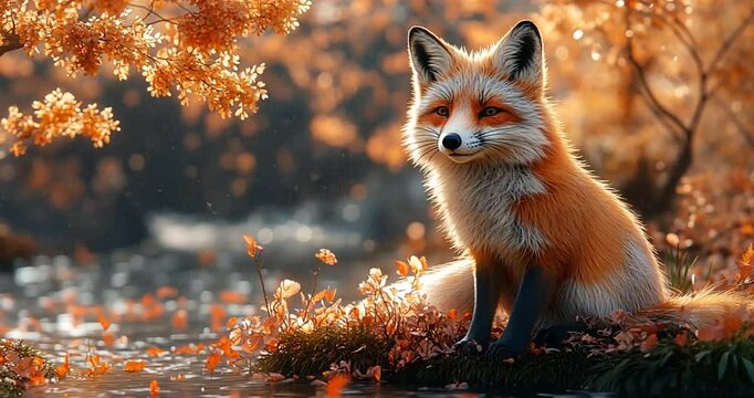 Autumnal Fox by a Brook; Peaceful Scene; Ideal for Nature, Wildlife, or Desktop Use