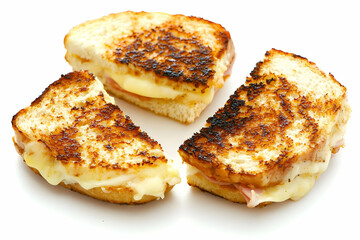Three grilled cheese sandwiches on white background
