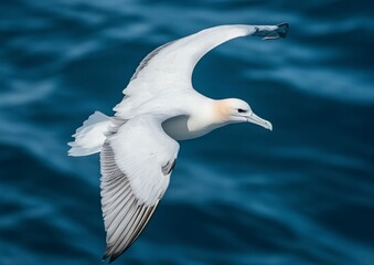 White Gannet Soaring Over Dark Blue Ocean Water