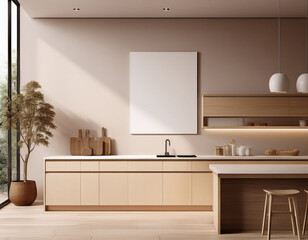 Fototapeta premium Minimalist modern kitchen interior with blank wall for poster or artwork display. 3D Rendering