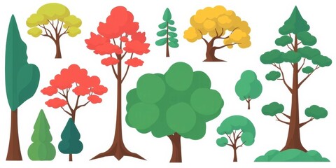 Fototapeta premium Simple flat style vector illustrations of various trees, isolated on white, white background, symbol