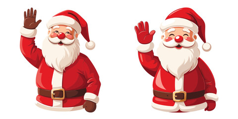 Cheerful Santa Claus characters waving vector brings holiday joy with a jolly hello, spreading yuletide cheer.