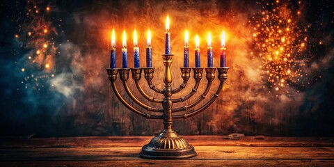 Fototapeta premium Vintage Hanukkah Menorah: Eight Candles Glow in the Dark