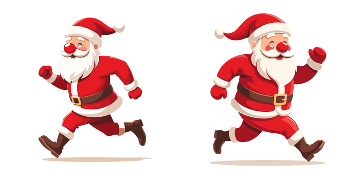 Two cheerful Santa Claus characters running joyfully, a simple vector, spreading holiday glee with lighthearted strides.