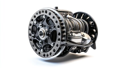 Obraz premium Detailed 3D render of a complex metallic engine component, isolated on white background.