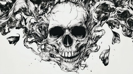 Fototapeta premium Black-and-white ink illustration of a skull encircled by swirling marigold petals. Symbolic, dramatic artwork—perfect for tattoo design, Dia de los Muertos, gothic prints, or editorial use. 