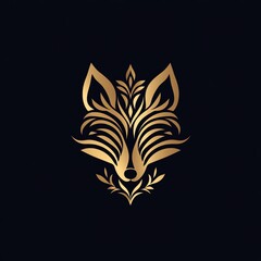Fototapeta premium Elegant Golden Fox Design A regal fox portrait adorned with intricate floral details, set against a deep black backdrop.