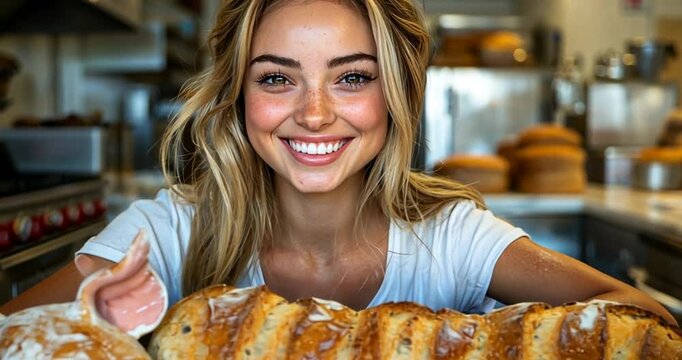 Woman baker holds giant bread pig; bakery background; promotional