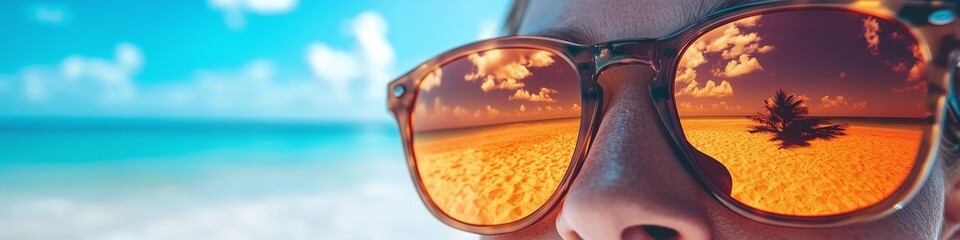Man on summer vacation looking through sunglasses reflecting a beach sunset for advertising travel company or tropical sunny holiday tourism promotion design