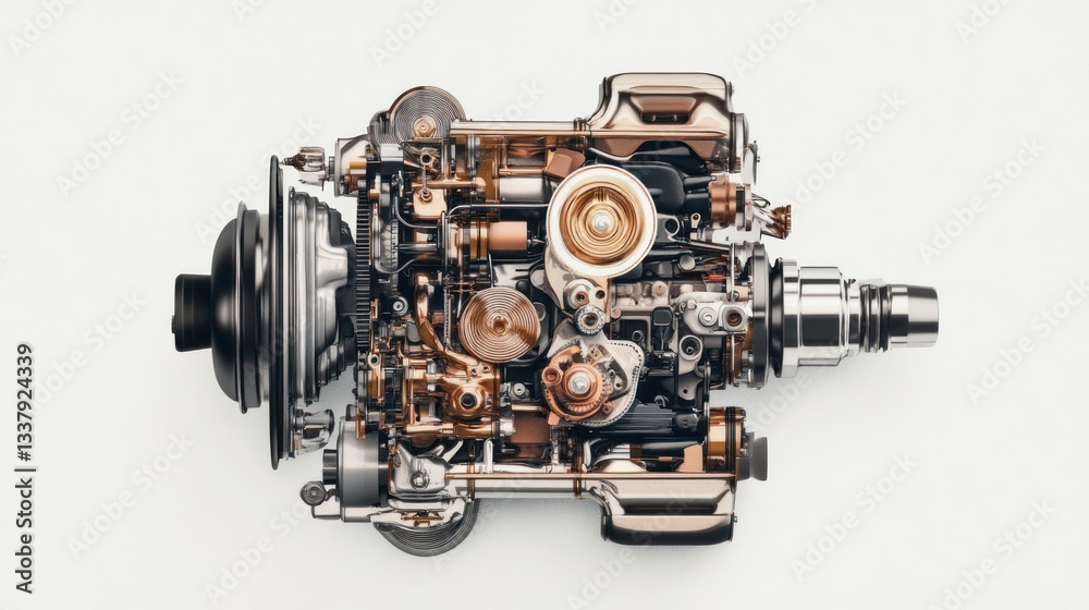 Poster detailed cutaway view of a complex internal combustion engine, showcasing intricate mechanical compo