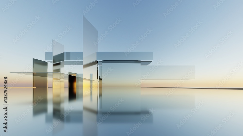 Poster 3d illustration of abstract minimal architecture background, geometric architectural with chrome or glass design