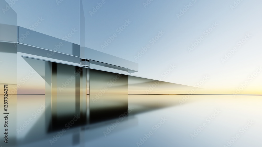 Poster 3d illustration of abstract minimal architecture background, geometric architectural with chrome or 