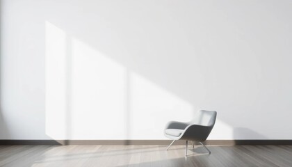 Sleek grey armchair against a stark white wall, minimalist modern design, home, texture