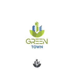 Green city ecology energy houses trees buildings leaf vector logo