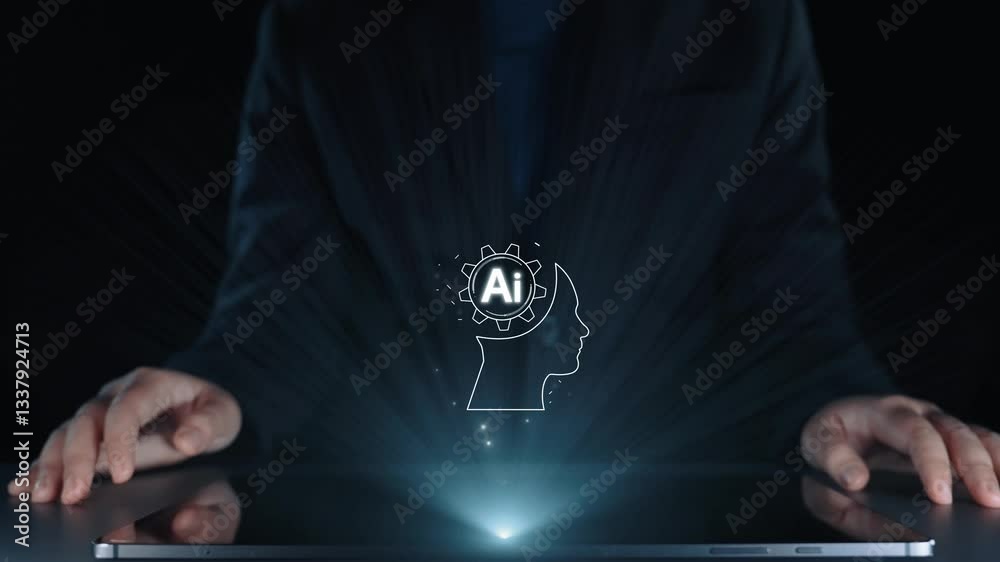 Poster human interact with ai artificial intelligence brain processor in concept of ai artificial intellige