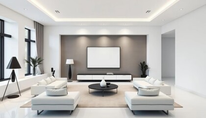Sleek minimalist living room, black accents, empty frame, cone lamps, clean lines, white walls, neutral, japandi