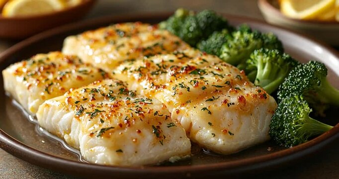 Pan-seared cod with broccoli, close-up, healthy meal