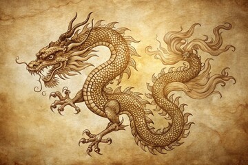 Fototapeta premium Vintage Line Art Ancient Chinese Dragon Ornament - Asian Mythological Creature Illustration