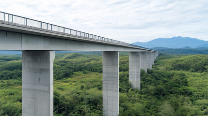 Viaduct Spanning Landscape: A concrete viaduct elegantly arches across a verdant landscape, its sturdy pillars supporting a roadway that disappears into the horizon, a testament to human ingenuity.