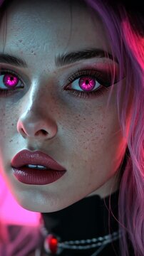Close-up portrait of a stylized female character, vibrant pink tones. Stock photo for fantasy, digital art