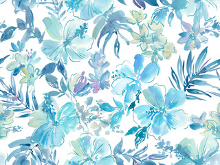 PNG seamless pattern of abstract hibiscus flowers and tropical foliage painted in watercolor. A hand-drawn summer floral background wallpaper. Hibiscus textile design with transparent background. © Sawango