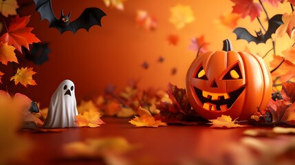 Spooky Autumn Halloween Scene with Jack-o'-lantern, Ghost, Bats, and Fall Leaves