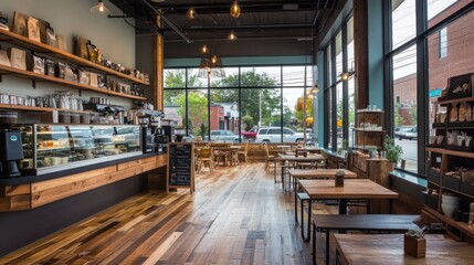 Fototapeta premium Modern coffee shop interior with wooden floors, shelves, and tables. Large windows provide natural light.