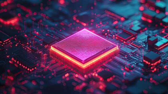 AI microchip with text on the chip, Generative AI illustration, symbolizing artificial intelligence, technology, data processing, digital innovation, and modern computing 