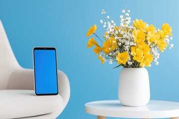Modern decor featuring a smartphone and a vibrant flower arrangement against a blue backdrop.