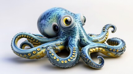 Obraz premium Playful, cartoonish octopus, stylized design, vibrant colors, light blue and yellow, large eyes, detailed tentacles, 3d rendering, isolated, studio shot, whimsical, cute, adorable, ocean animal
