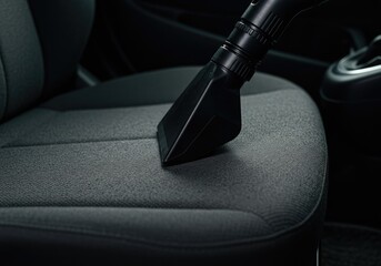 Hand vacuuming black car floor, highlighting carpet texture, cleanliness, and modern interior details.
