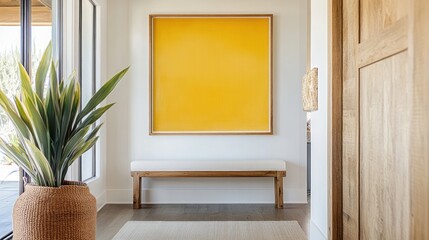 Modern hallway with a vibrant yellow artwork, a light beige bench, and a potted plant.