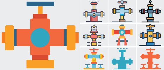Colorful Industrial Valve and Pipeline Icon Vector Set – Engineering and Plumbing Elements