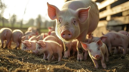 A charming farm scene with new piglets and their mother in a clean, well-lit pen, the piglets nursing while others explore their surroundings 