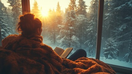 Fototapeta premium Cozy Winter Sunset: Woman Reading by Window with Stunning Snowy Forest View