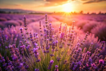 Fototapeta premium Vintage Serbia Lavender Fields: Blooming Purple Flowers in Sunlit Rural Landscape