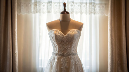 Elegant wedding dress displayed on vintage mannequin in soft natural light bridal fashion showcase
