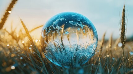 A transparent sphere reflecting the surrounding natural wheat field scenery