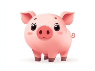 A charming vector illustration of a cute pig with a round body, big eyes, and a curly tail, its soft pink tones standing out against a clean white background.  