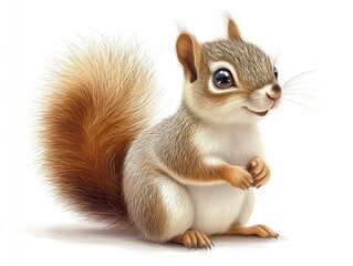 Fototapeta premium A charming vector illustration of a cute squirrel sitting upright, its bushy tail curled behind it, with big bright eyes and a friendly expression, isolated on a white background.